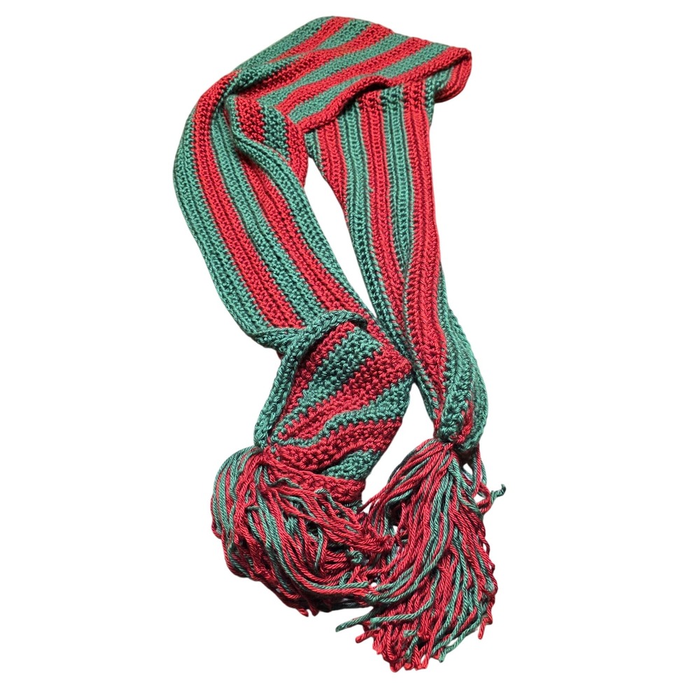 Handmade Crochet Scarf Red Green Striped Winter Holiday Tassel Unisex Cozy